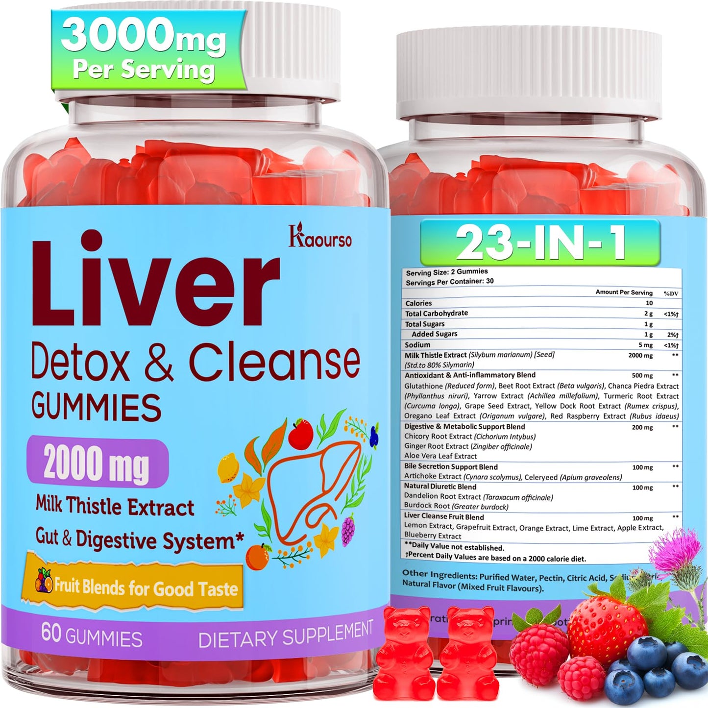 3000mg Liver Cleanse Detox & Repair Gummies | Milk Thistle 2000mg with Turmeric Dandelion Root & Artichoke for Liver Detox Liver Support & Renew Antioxidant Gut Skin - Fruit Flavor 60 Gummies
