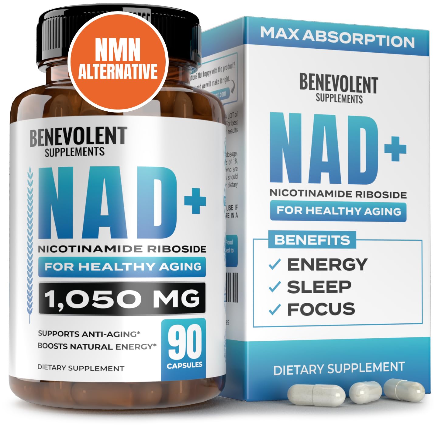 Benevolent NAD+ Supplement 1050mg – High Absorption NAD Supplement & NMN Supplement Alternative – Cell Regenerator with Nicotinamide Riboside Trans-Resveratrol & TMG for Energy & Healthy Aging
