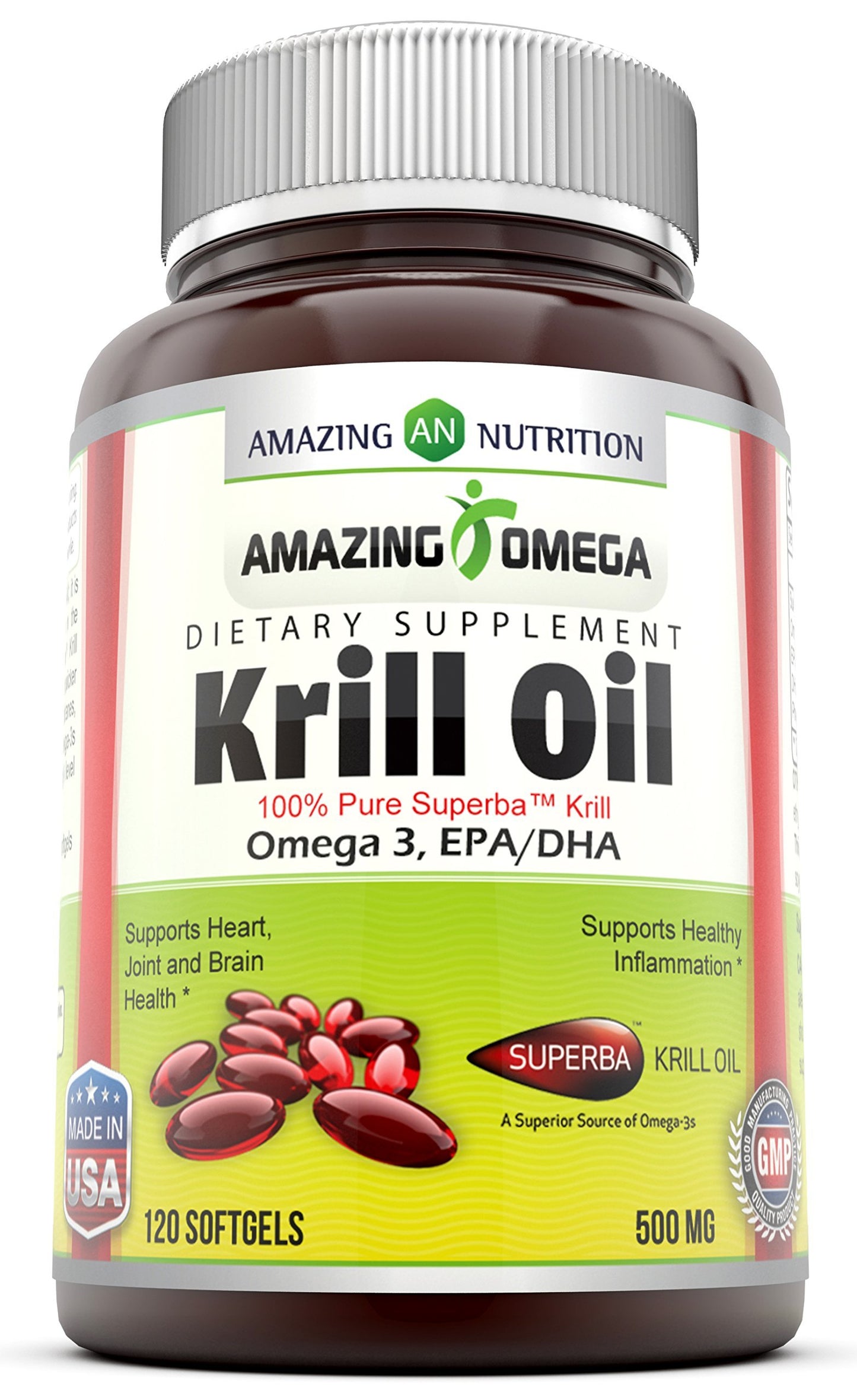 Amazing Omega Superba Krill Oil 500 Mg Softgels (Non GMOGluten Free) - 200mg Omega 3 Fatty Acids with 120 mg EPA & 56 mg DHA in Per Serving of 2 Softgels - Best Omega 3 Supplements (120 Count)