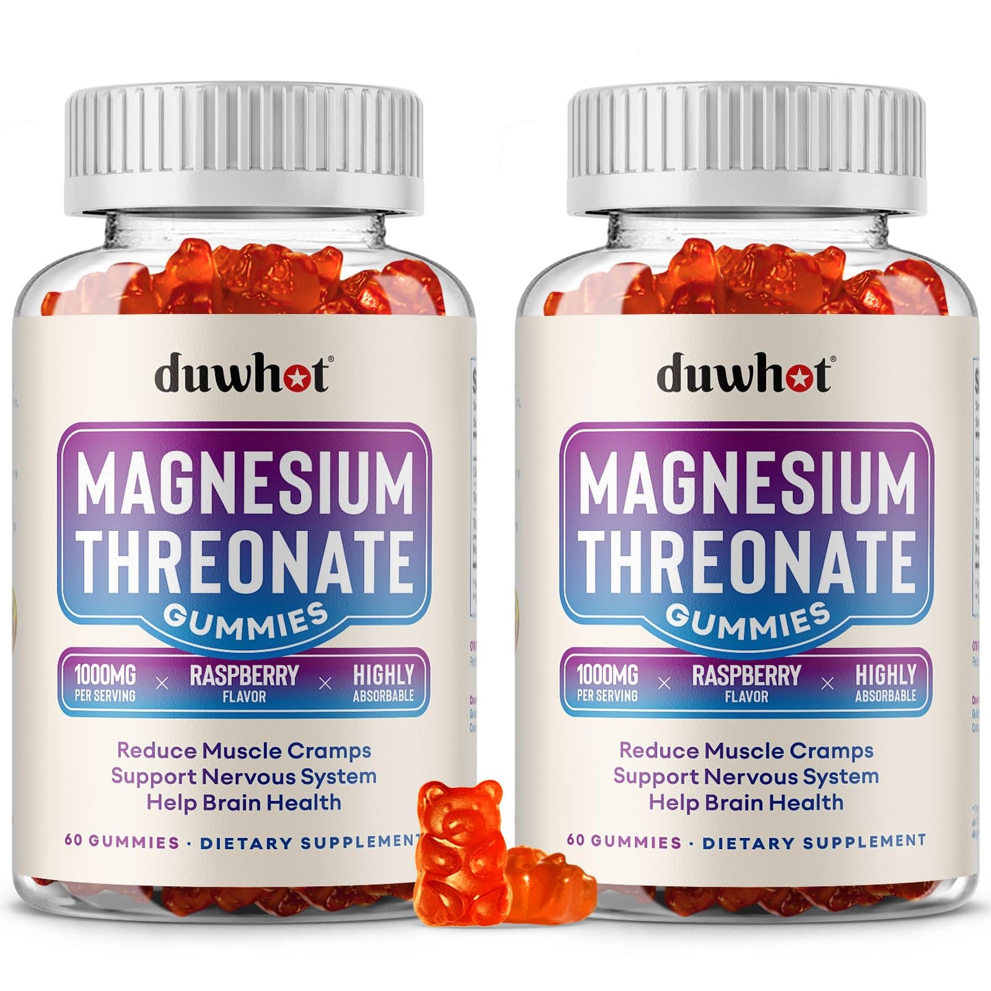 duwhot Magnesium Threonate Gummies 1000mg Magnesium Supplements for Kids & Adults Sleep Muscle & Nervous System Support Vegan 120 Raspberry Gummies