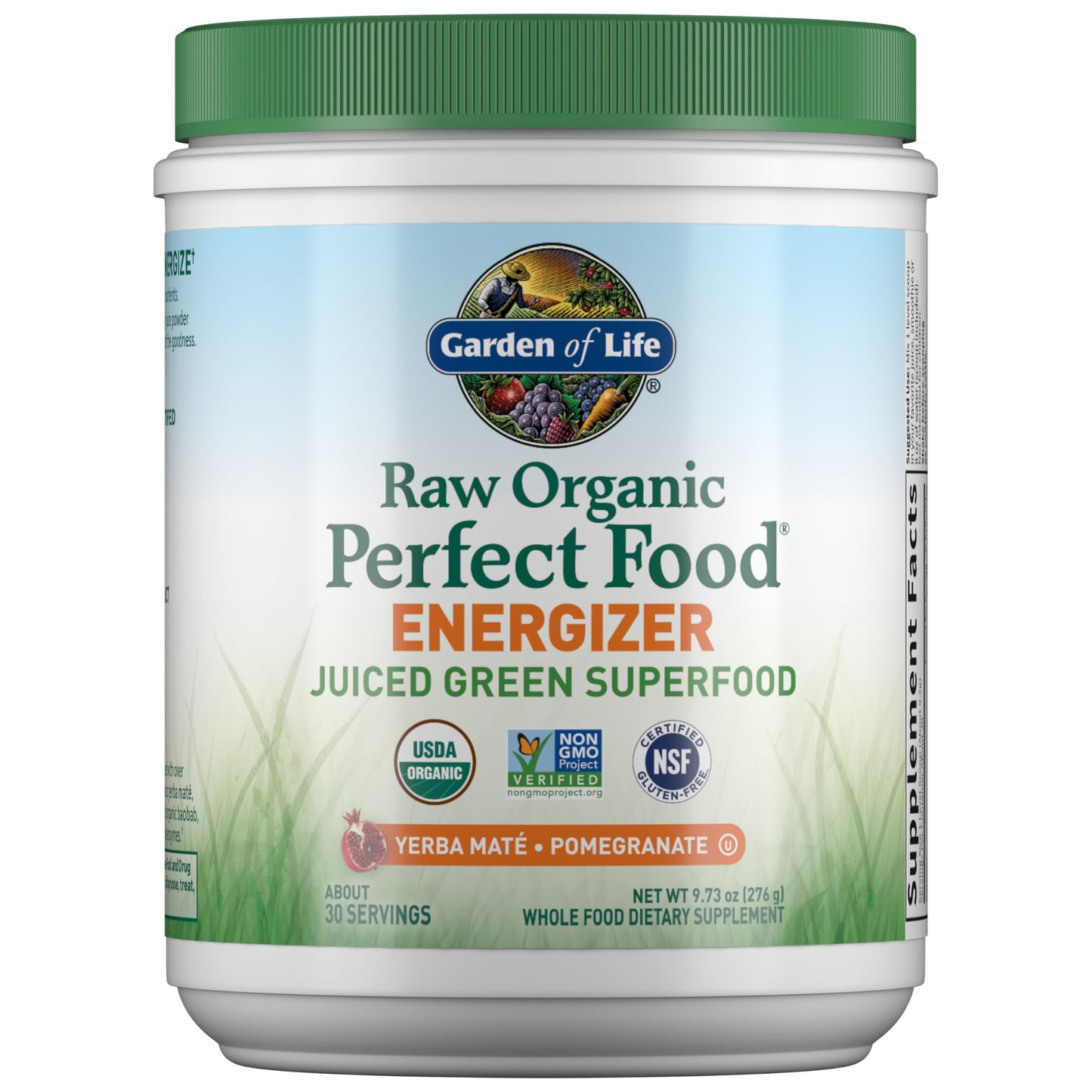 Garden of Life Raw Organic Perfect Food Energizer Juiced Green Superfood Powder - Yerba Mate Pomegranate & Probiotics Gluten Free Whole Food Greens Supplements 30 Servings 9.73 Oz