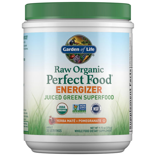 Garden of Life Raw Organic Perfect Food Energizer Juiced Green Superfood Powder - Yerba Mate Pomegranate & Probiotics Gluten Free Whole Food Greens Supplements 30 Servings 9.73 Oz